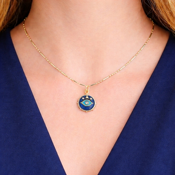 Evil Eye Necklace | Pave CZ Pendant | Ball & Column Link Chain | 18k Gold Plated - Picture 2 of 3